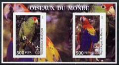 Benin 2002 Parrots imperf m/sheet containing 2 values each with Scout Logo, unmounted mint, stamps on , stamps on  stamps on birds, stamps on  stamps on parrots, stamps on  stamps on scouts