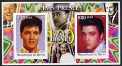 Benin 2002 Birth Centenary of Walt Disney featuring Elvis Presley imperf m/sheet containing 2 values unmounted mint, stamps on films, stamps on cinema, stamps on entertainments, stamps on disney, stamps on elvis, stamps on music