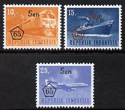 Indonesia 1965 Revalued set of 3 (Plane, Ship & Train) unmounted mint SG 1074-75*, stamps on aviation  railways  ships  transport