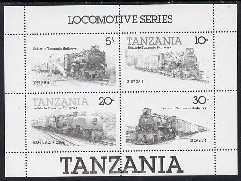 Tanzania 1985 Locomotives perforated proof m/sheet in black only (as SG MS 434) unmounted mint, stamps on , stamps on  stamps on railways  varieties, stamps on big locos
