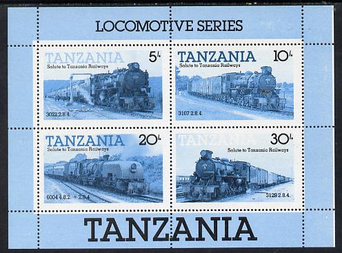 Tanzania 1985 Locomotives perforated proof m/sheet in blue & black only unmounted mint (as SG MS 434), stamps on railways  varieties, stamps on big locos