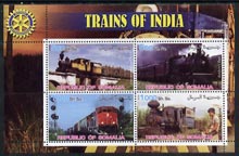 Somalia 2002 Trains of India #1 perf sheetlet containing 4 values with Rotary Logo, unmounted mint, stamps on railways, stamps on rotary