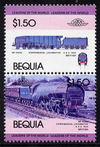 St Vincent - Bequia 1984 Locomotives #1 (Leaders of the World) $1.50 (Experimental Loco) se-tenant vert pair with yellow omitted unmounted mint, stamps on , stamps on  stamps on railways