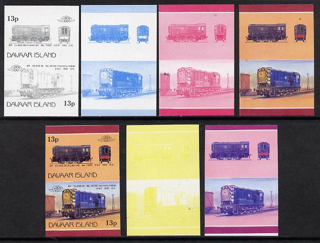 Davaar Island 1983 Locomotives #2 BR Class DEJ4 0-6-0 shunter 13p set of 7 se-tenant progressive proof pairs comprising the 4 individual colours and 2, 3 and all 4 colour..., stamps on railways