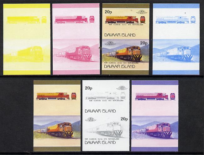 Davaar Island 1983 Locomotives #2 NZR Class Dx Co-Co loco 20p set of 7 se-tenant progressive proof pairs comprising the 4 individual colours and 2, 3 and all 4 colour composites (7 proof pairs) unmounted mint*, stamps on , stamps on  stamps on railways