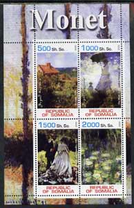 Somalia 2002 Monet Paintings perf sheetlet containing 4 values, unmounted mint, stamps on , stamps on  stamps on arts, stamps on  stamps on monet