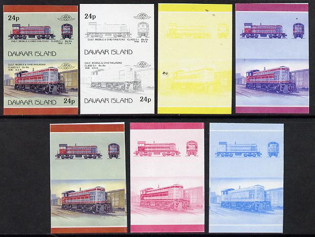 Davaar Island 1983 Locomotives #2 Gulf, Mobile & Ohio Class S-1 loco 24p set of 7 se-tenant progressive proof pairs comprising the 4 individual colours and 2, 3 and all 4 colour composites (7 proof pairs) unmounted mint*, stamps on railways