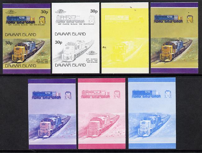 Davaar Island 1983 Locomotives #2 NZR Class Dj Bo-Bo-Bo loco 30p set of 7 se-tenant progressive proof pairs comprising the 4 individual colours and 2, 3 and all 4 colour ..., stamps on railways