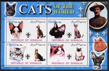Somalia 2002 Domestic Cats of the World perf sheetlet #01 containing 4 values each with Scout Logo, unmounted mint, stamps on cats, stamps on scouts