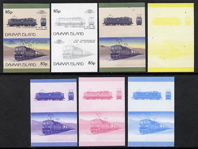 Davaar Island 1983 Locomotives #2 DRB Class E42 Bo-Bo loco 85p set of 7 se-tenant progressive proof pairs comprising the 4 individual colours and 2, 3 and all 4-colour co..., stamps on railways