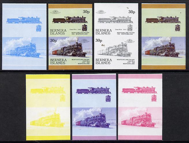 Bernera 1984 Locomotives #3 (30p Newfoundland Railway) set of 7 se-tenant progressive proof pairs comprising the 4 individual colours and 2, 3 and all 4 colour composites...