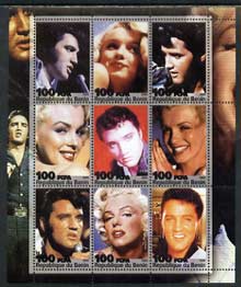 Benin 2003 Elvis & Marilyn perf sheetlet containing 9 values unmounted mint, stamps on , stamps on  stamps on music, stamps on  stamps on personalities, stamps on  stamps on elvis, stamps on  stamps on entertainments, stamps on  stamps on films, stamps on  stamps on cinema, stamps on  stamps on marilyn monroe