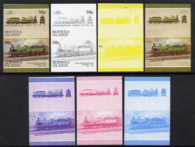 Bernera 1984 Locomotives #3 (50p NE Railway Class 901) set of 7 se-tenant progressive proof pairs comprising the 4 individual colours and 2, 3 and all 4 colour composites (7 proof pairs) unmounted mint*, stamps on , stamps on  stamps on railways