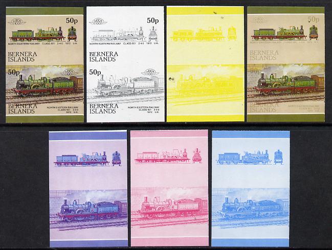Bernera 1984 Locomotives #3 (50p NE Railway Class 901) set of 7 se-tenant progressive proof pairs comprising the 4 individual colours and 2, 3 and all 4 colour composites (7 proof pairs) unmounted mint*, stamps on railways