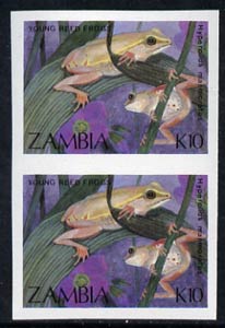 Zambia 1989 Young Reed Frogs 10k imperf pair unmounted mint, SG 570var, stamps on , stamps on  stamps on animals, stamps on  stamps on amphibians, stamps on  stamps on frogs