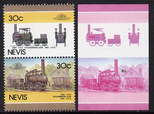 Nevis 1986 Locomotives #5 (Leaders of the World) Stourbridge Lion Loco (SG 352-3) 30c unmounted mint se-tenant imperf progressive proof pair in magenta & blue plus normal issued pair, stamps on , stamps on  stamps on railways