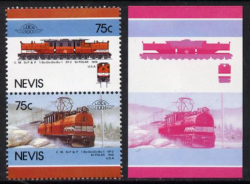 Nevis 1986 Locomotives #5 (Leaders of the World) Bi-Polar Loco (SG 354-5) 75c unmounted mint se-tenant imperf progressive proof pair in magenta & blue plus normal issued pair, stamps on , stamps on  stamps on railways