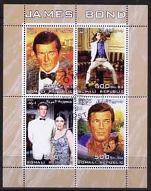 Somalia 2005 James Bond perf sheetlet containing 4 values fine cto used, stamps on movies, stamps on films, stamps on  spy , stamps on cinena