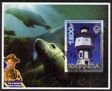 Rwanda 2005 Lighthouses perf m/sheet #01 with Scout Logo, background shows Seals & Baden Powell, fine cto used, stamps on , stamps on  stamps on lighthouses, stamps on  stamps on scouts, stamps on  stamps on seals