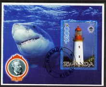 Rwanda 2005 Lighthouses perf m/sheet #03 with Scout Logo, background shows Shark & Jules Verne, fine cto used, stamps on , stamps on  stamps on lighthouses, stamps on  stamps on scouts, stamps on  stamps on personalities, stamps on  stamps on fish, stamps on  stamps on literature, stamps on  stamps on sci-fi