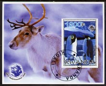 Rwanda 2005 Penguins #01 perf m/sheet with Scout Logo, background shows Reindeer & Roald Amundsen, fine cto used, stamps on scouts, stamps on deer, stamps on penguins, stamps on birds, stamps on polar, stamps on explorers
