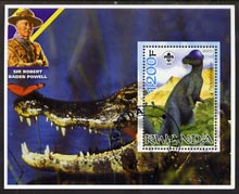 Rwanda 2005 Dinosaurs perf m/sheet #01 with Scout Logo, background shows Crocodile & Baden Powell, fine cto used, stamps on scouts, stamps on personalities, stamps on dinosaurs, stamps on reptiles