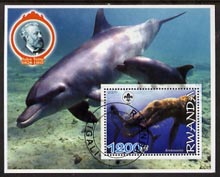 Rwanda 2005 Dinosaurs perf m/sheet #03 with Scout Logo, background shows Dolphins & Jules Verne, fine cto used, stamps on scouts, stamps on personalities, stamps on dinosaurs, stamps on dolphins, stamps on literature, stamps on sci-fi