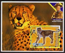 Rwanda 2005 Dinosaurs (False Sabre Tooth Tiger) perf m/sheet #05 with Scout Logo, background shows Cheetah & Baden Powell, fine cto used, stamps on , stamps on  stamps on scouts, stamps on  stamps on personalities, stamps on  stamps on dinosaurs, stamps on  stamps on cats, stamps on  stamps on tigers, stamps on  stamps on dental