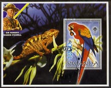 Rwanda 2005 Parrots perf m/sheet with Scout Logo, background shows Chameleon & Baden Powell, fine cto used, stamps on , stamps on  stamps on scouts, stamps on  stamps on personalities, stamps on  stamps on birds, stamps on  stamps on parrots, stamps on  stamps on reptiles