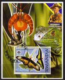 Rwanda 2005 Butterflies perf m/sheet with Scout Logo, background shows Reptile, Orchid & Baden Powell, fine cto used, stamps on scouts, stamps on personalities, stamps on flowers, stamps on orchids, stamps on butterflies, stamps on reptiles