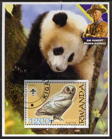 Rwanda 2005 Polar Owl perf m/sheet with Scout Logo, background shows Panda & Baden Powell, fine cto used, stamps on , stamps on  stamps on scouts, stamps on  stamps on personalities, stamps on  stamps on pandas, stamps on  stamps on bears, stamps on  stamps on owls, stamps on  stamps on birds of prey, stamps on  stamps on birds