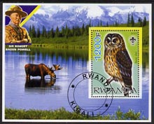 Rwanda 2005 Tawney Owl perf m/sheet with Scout Logo, background shows Moose & Baden Powell, fine cto used, stamps on scouts, stamps on personalities, stamps on deer, stamps on owls, stamps on birds of prey, stamps on birds