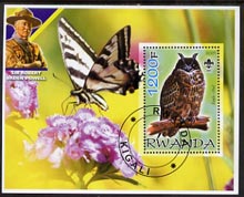 Rwanda 2005 Eagle Owl perf m/sheet with Scout Logo, background shows Butterfly, Flower & Baden Powell, fine cto used, stamps on , stamps on  stamps on scouts, stamps on  stamps on personalities, stamps on  stamps on butterflies, stamps on  stamps on flowers, stamps on  stamps on owls, stamps on  stamps on birds of prey, stamps on  stamps on birds