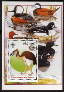 Benin 2005 Dinosaurs #01 - Phorusrhacus inflatus perf m/sheet with Scout & Rotary Logos, background shows various Ducks fine cto used, stamps on scouts, stamps on rotary, stamps on dinosaurs, stamps on birds, stamps on ducks