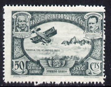 Spain 1930 Fairey IIID Seaplane 50c grey-blue (from Spanish-American Exhibition) minor gum disturbance otherwise unmounted mint SG 646 (Blocks & gutter pairs available - price pro rata), stamps on , stamps on  stamps on aviation, stamps on fairey