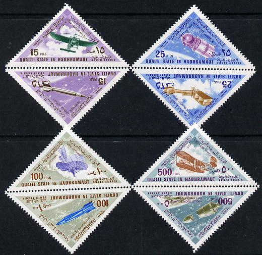Aden - Qu'aiti 1968 Flight (Aircraft & Rockets) triangular perf set of 8 unmounted mint, Mi 214-21A, stamps on aviation, stamps on triangulars, stamps on space