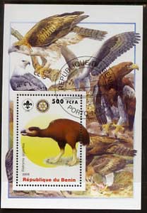 Benin 2005 Dinosaurs #03 - Diatryma gigantea perf m/sheet with Scout & Rotary Logos, background shows various Birds of Prey fine cto used, stamps on , stamps on  stamps on scouts, stamps on  stamps on rotary, stamps on  stamps on dinosaurs, stamps on  stamps on birds, stamps on  stamps on birds of prey, stamps on  stamps on 