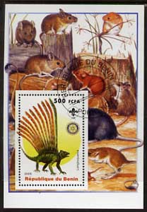 Benin 2005 Dinosaurs #07 - Longisquama perf m/sheet with Scout & Rotary Logos, background shows various Rodents fine cto used, stamps on , stamps on  stamps on scouts, stamps on  stamps on rotary, stamps on  stamps on dinosaurs, stamps on  stamps on animals, stamps on  stamps on rodents