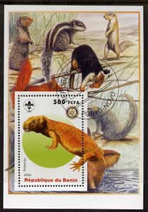 Benin 2005 Dinosaurs #08 - Robertia perf m/sheet with Scout & Rotary Logos, background shows Squirrels, etc fine cto used, stamps on , stamps on  stamps on scouts, stamps on  stamps on rotary, stamps on  stamps on dinosaurs, stamps on  stamps on animals, stamps on  stamps on squirrels