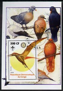 Congo 2005 Dinosaurs #08 - Sordes perf m/sheet with Scout & Rotary Logos, background shows various Pigeons fine cto used, stamps on scouts, stamps on rotary, stamps on dinosaurs, stamps on animals, stamps on birds, stamps on pigeons