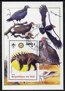 Mali 2005 Dinosaurs #04 - Polacanthus perf m/sheet with Scout & Rotary Logos, background shows various Birds fine cto used, stamps on , stamps on  stamps on scouts, stamps on  stamps on rotary, stamps on  stamps on dinosaurs, stamps on  stamps on animals, stamps on  stamps on birds