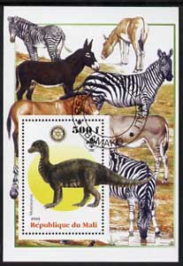 Mali 2005 Dinosaurs #06 - Mussaurus perf m/sheet with Scout & Rotary Logos, background shows Zebras etc, fine cto used, stamps on , stamps on  stamps on scouts, stamps on  stamps on rotary, stamps on  stamps on dinosaurs, stamps on  stamps on animals, stamps on  stamps on horses, stamps on  stamps on zebras, stamps on  stamps on zebra