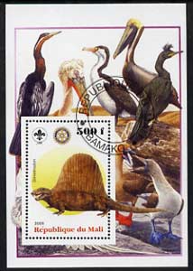 Mali 2005 Dinosaurs #07 - Dimetrodon perf m/sheet with Scout & Rotary Logos, background shows various Birds fine cto used, stamps on scouts, stamps on rotary, stamps on dinosaurs, stamps on animals, stamps on birds