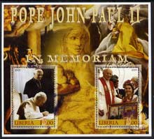 Liberia 2005 Pope John Paull II in Memoriam #01 perf sheetlet containing 2 values fine cto used, stamps on , stamps on  stamps on popes, stamps on  stamps on religion, stamps on  stamps on personalities, stamps on  stamps on pope