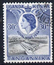 Kenya, Uganda & Tanganyika 1954 Royal Visit (Owen Falls Dam) 30c cds used, SG 166, stamps on , stamps on  stamps on royalty, stamps on  stamps on royal visit, stamps on  stamps on waterfalls, stamps on  stamps on dams, stamps on  stamps on civil engineering