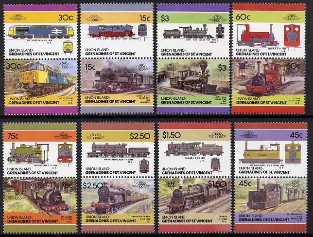 St Vincent - Union Island 1986 Locomotives #4 (Leaders of the World) set of 16 unmounted mint, stamps on , stamps on  stamps on railways