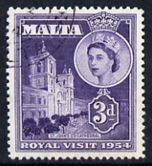 Malta 1954 Royal Visit (St John's Cathedral) 3d cds used, SG 262, stamps on , stamps on  stamps on royalty, stamps on  stamps on royal visit, stamps on  stamps on cathedrals