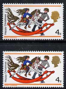 Great Britain 1968 Christmas 4d single showing fine 2mm drop of Queens Head plus normal, both unmounted mint, stamps on christmas, stamps on horses, stamps on toys