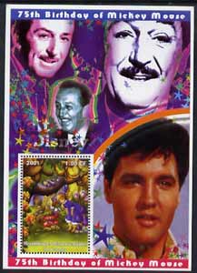 Congo 2001 75th Birthday of Mickey Mouse perf s/sheet #01 showing Alice in Wonderland with Elvis & Walt Disney in background, unmounted mint, stamps on , stamps on  stamps on disney, stamps on  stamps on elvis, stamps on  stamps on music, stamps on  stamps on films, stamps on  stamps on cinema