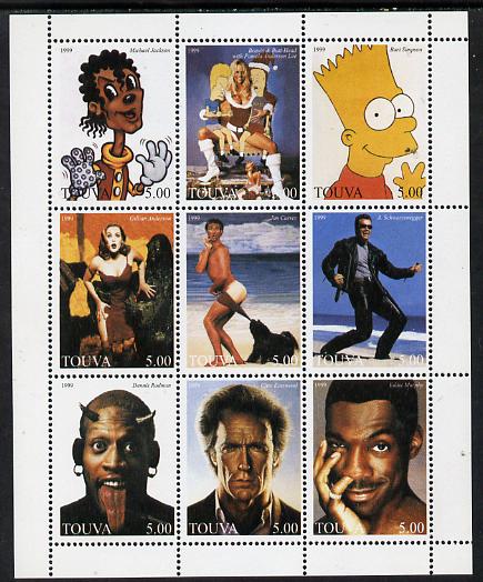Touva 1999 Personalities perf sheetlet containing 9 values unmounted mint, stamps on personalities, stamps on entertainments, stamps on movies, stamps on films, stamps on cinema, stamps on music, stamps on rock